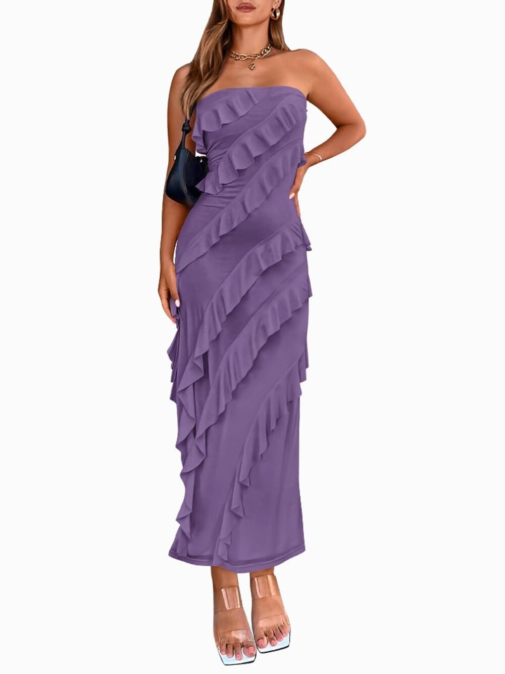 BTFBM Grey Purple Strapless Midi Dress |Ruched Mesh Bodycon Cocktail Dress